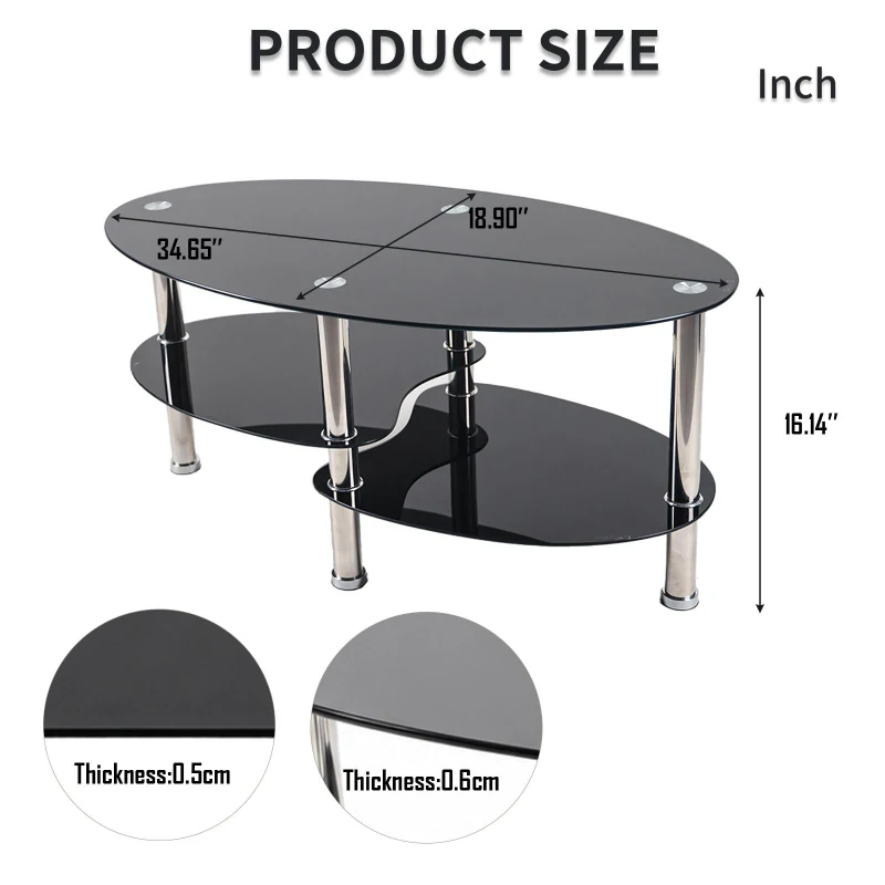 Oval Tempered Glass Coffee Table with Stainless Steel Legs, Modern Living Room Centre Table with Rounded Edges, 34.5'' L x 19'' W x 16'' H, Black