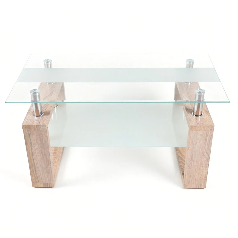 Modern Glass Coffee Table with Wood-Grain MDF Legs, Minimalist Center Table with 2-Tier Storage, 34.5'' L x 18.5'' W x 17.5'' H, Natural+Transparent