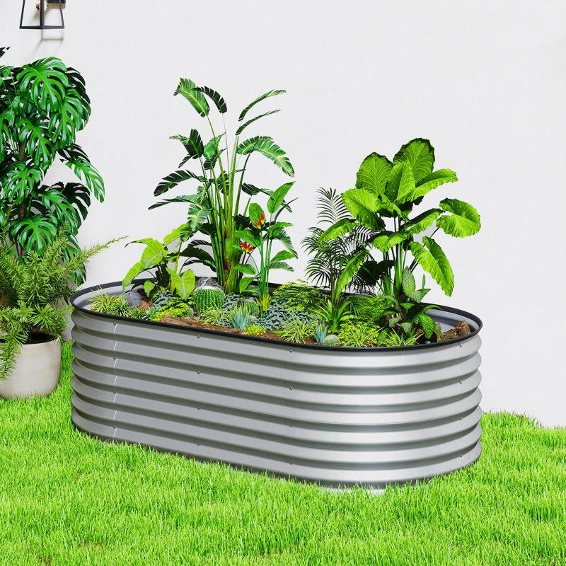 Outsunny 5 x 2.5 x 2 ft Galvanized Raised Garden Bed, Easy DIY Oval Planter Box with Safety Edging and Gloves, Silver