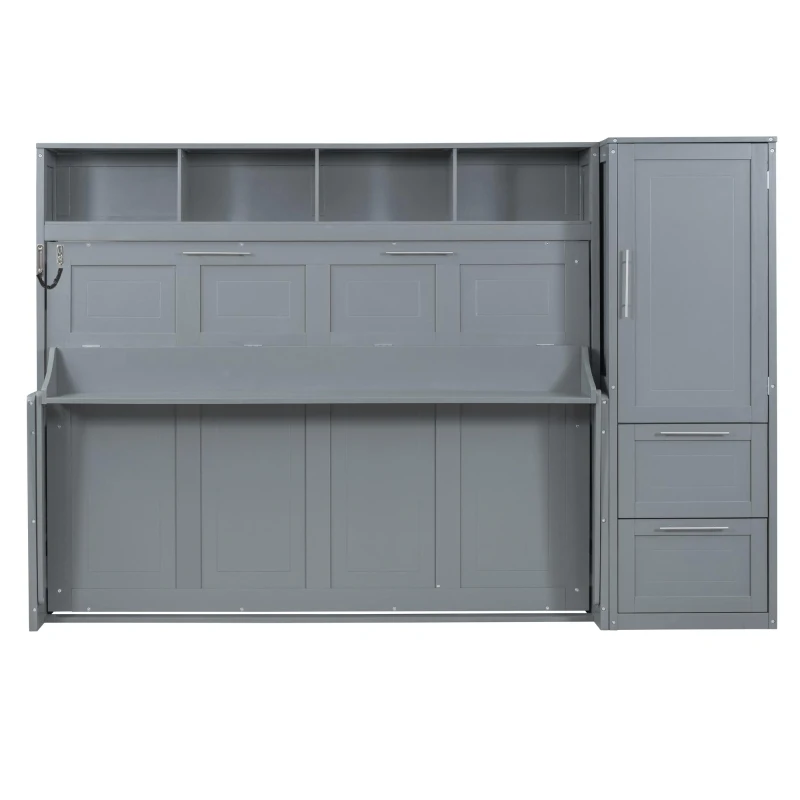 Space-Saving Full Size Murphy Wall Bed with Integrated Shelf, Customizable Bed Frame with Closet and 2 Drawers, 107.5" L x 58" W x 72" H, Gray