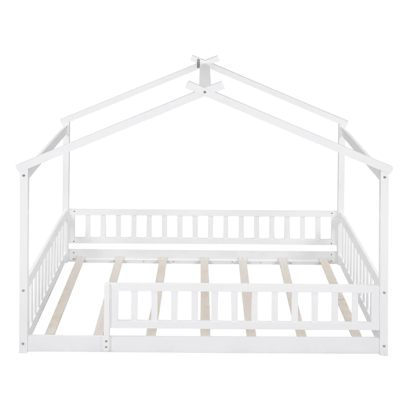 Full Size Wood House Bed with Roof and Fence, Sturdy Pinewood Bed Frame for Kids and Teens, 79.5" L x 57" W x 63" H, White