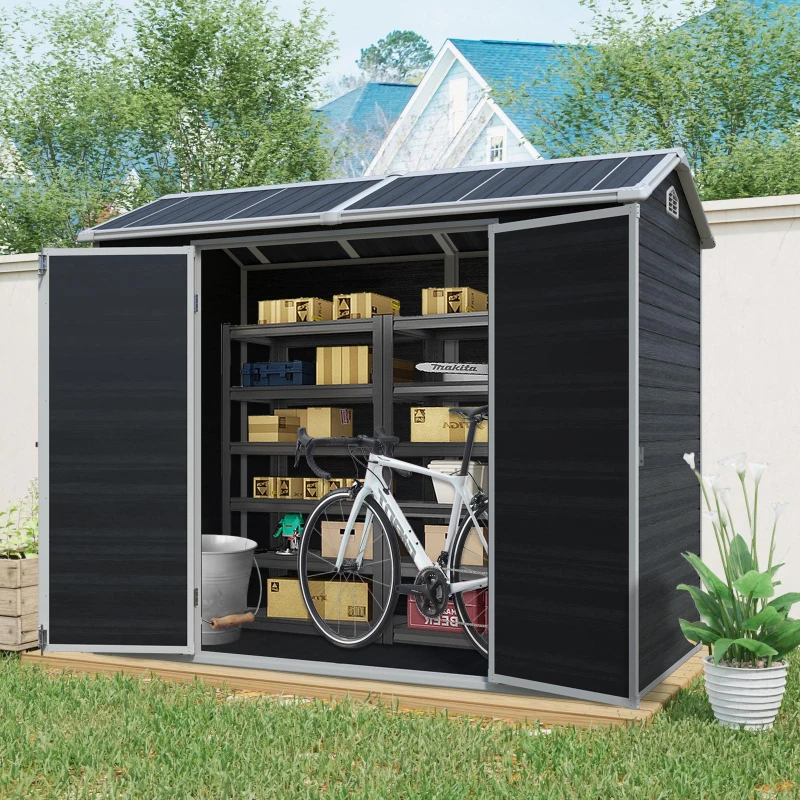 Outdoor Storage Shed with 2 Side Windows and Air Vents, Slim-Footprint Outdoor Organizer with Pad-Lockable Handles, 95.5'' L x 52.5'' W x 81'' H, Black