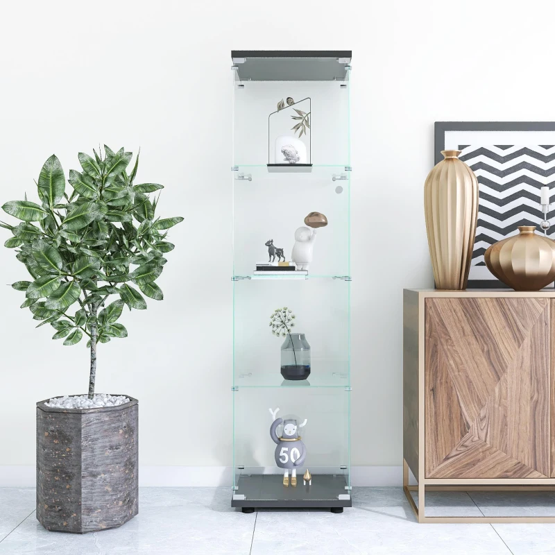 Glass Display Cabinet with Adjustable Feet and Safety Bumpers, Floor-Standing Curio Bookshelf with Tempered Glass, 16.5'' L x 14.5'' W x 64.5'' H, Black