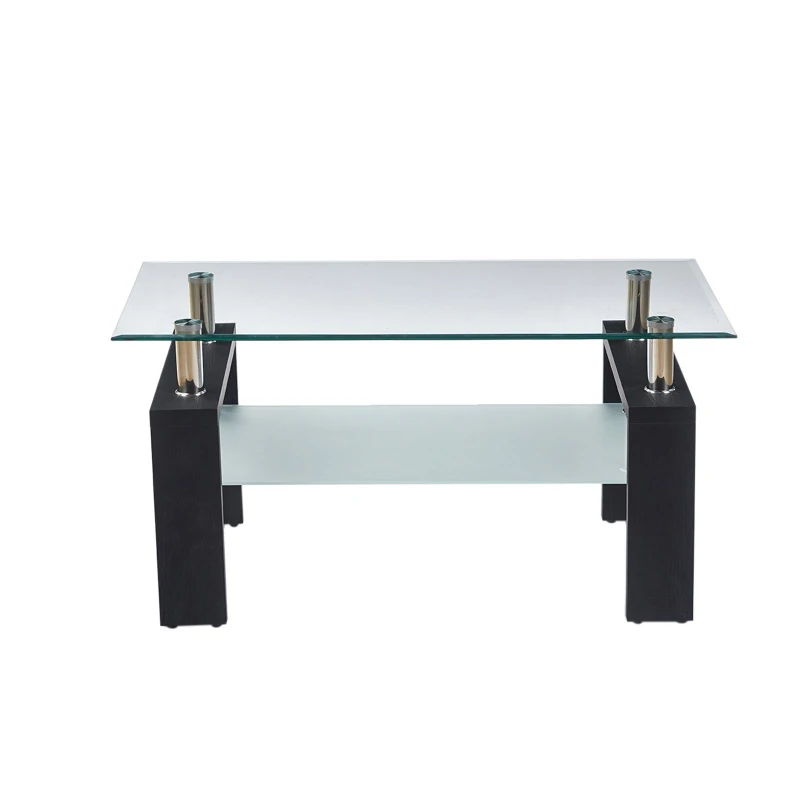 Modern 2-Tier Glass Coffee Table with Double-Layer Clear Top, Space-Saving Center Table with Sturdy Supporting Legs, 34.5'' L x 19'' W x 16.5'' H, Black