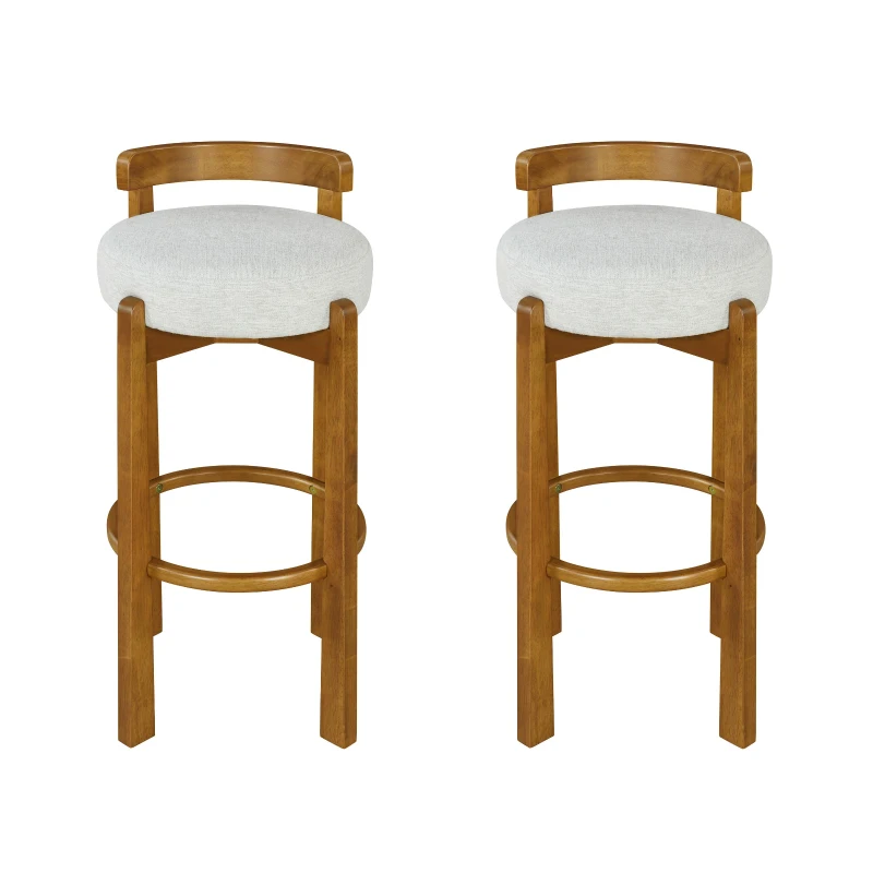 Modern Round Seat Bar Stools with Ergonomic Curved Backrest, Sherpa Padded Chairs with Integrated Footrest, 16'' L x 16.5'' W x 34'' H, Ivory+Walnut