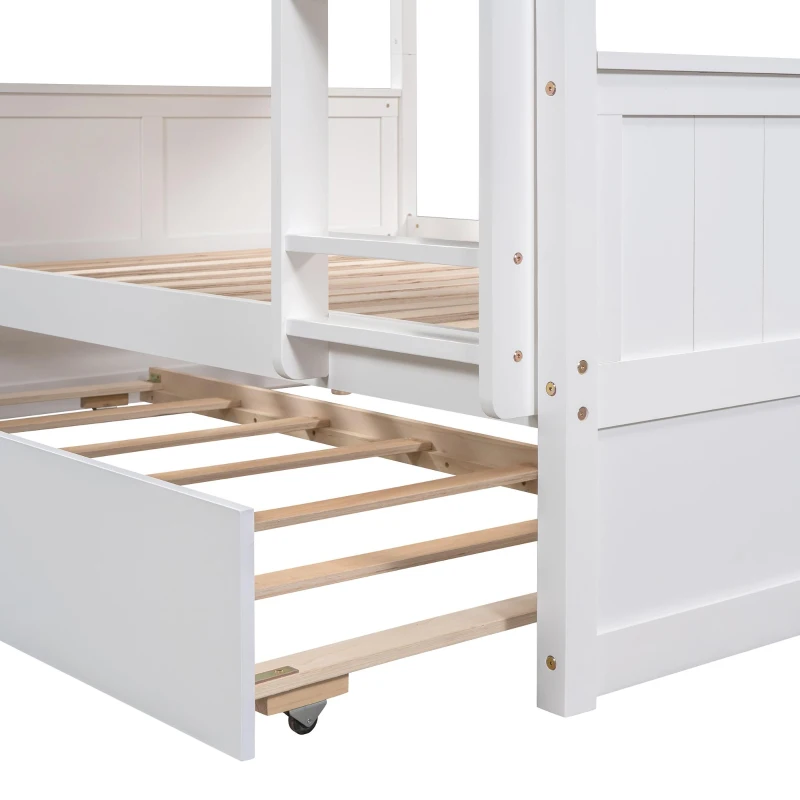 Full-Over-Full Bunk Bed with Pullout Trundle, Space-Saving Bed Frame with 2 Separate Beds, 79.5" L x 57" W x 60" H, White
