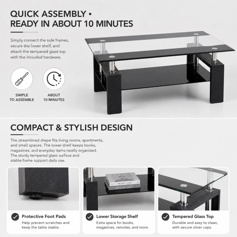 Tempered Glass Coffee Table with Tempered Glass Top, Space-Saving Center Table with Sturdy Legs, 34.5'' L x 18.5'' W x 17.5'' H, Black+Transparent