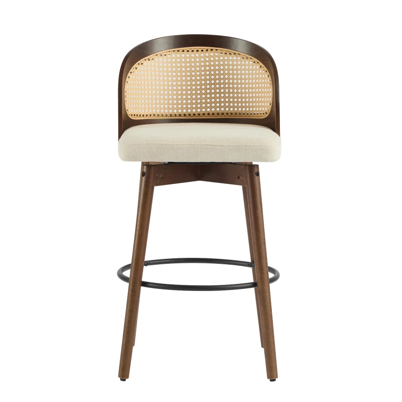 Swivel Bar Chairs with Ergonomic Curved Back, Cozy Stools with Hand‑Woven PE Cane Back, 18" L x 19" W x 35.5" H, Beige+Walnut