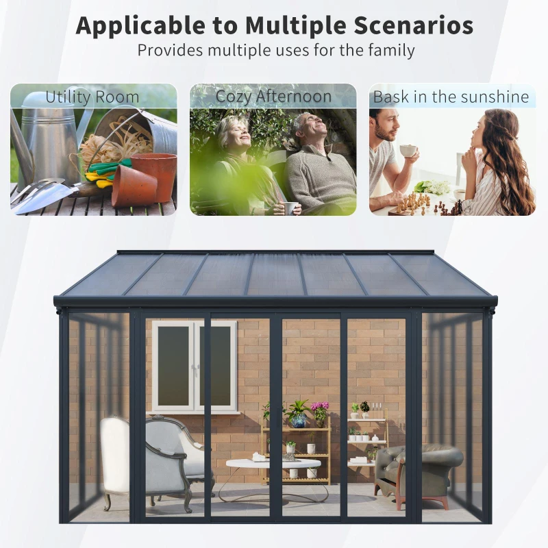 Enclosed Patio Cover with Double‑Layer Polycarbonate Roof, All‑Season Sunroom with 3 Lockable Sliding Doors, 168.5'' L x 115'' W x 123'' H, Black