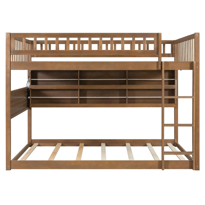Full Over Full Bunk Bed with Convenient Storage Headboard, Unique Bed Frame with Multi-Color Light Strip, 79" L x 57.5" W x 57" H, Brown