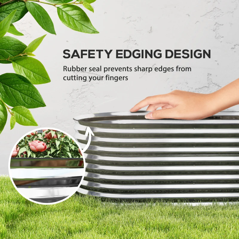 Outsunny 5 x 2.5 x 2 ft Galvanized Raised Garden Bed, Easy DIY Oval Planter Box with Safety Edging and Gloves, Silver