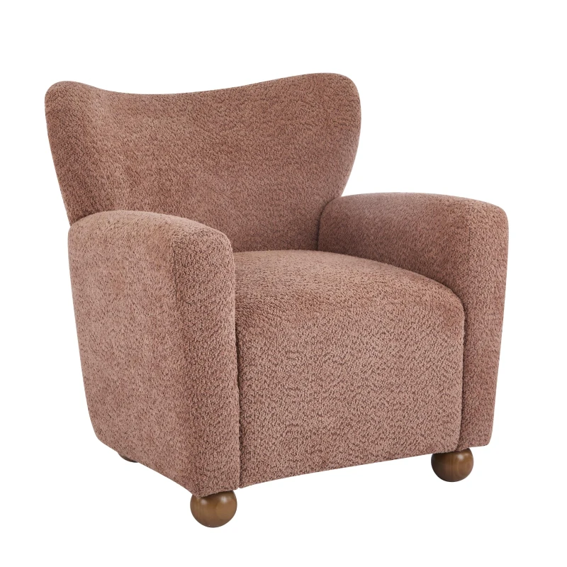 Cozy Wingback Armchair with Premium Fabric Upholstery, Bouclé Accent Chair with Plush Cushioned Seat, 32'' L x 31'' W x 32.5'' H, Coral+Teak