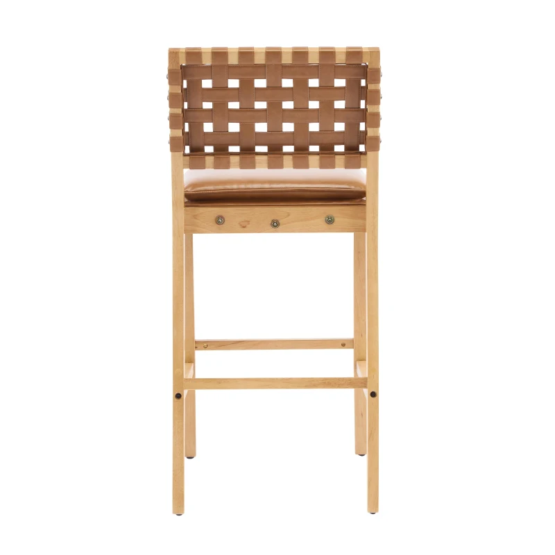 Modern Bar Stools with Hand‑Woven PU Back, Strap-Back Bar Chairs with Padded PU Seat, 18'' L x 21.5'' W x 40.5'' H, Brown+Natural