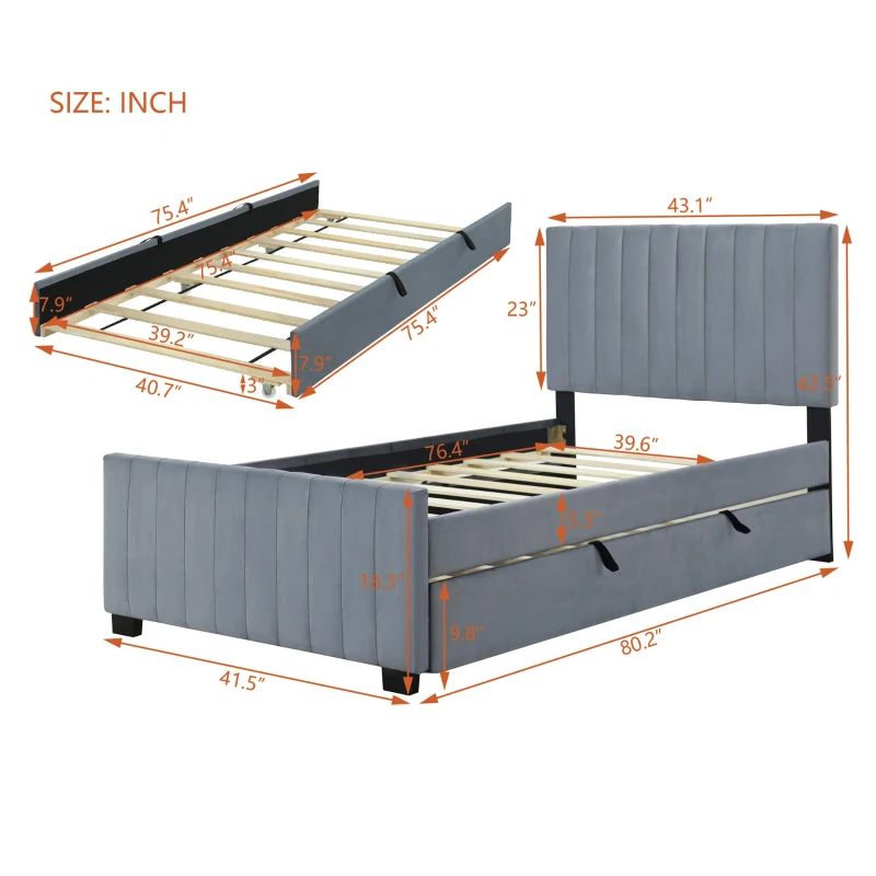 Space-Saving Twin Size Upholstered Platform Bed with Trundle Under Bed, Cozy Bed Frame with Velvet Fabric, 80" L x 41.5" W x 42.5" H, Gray