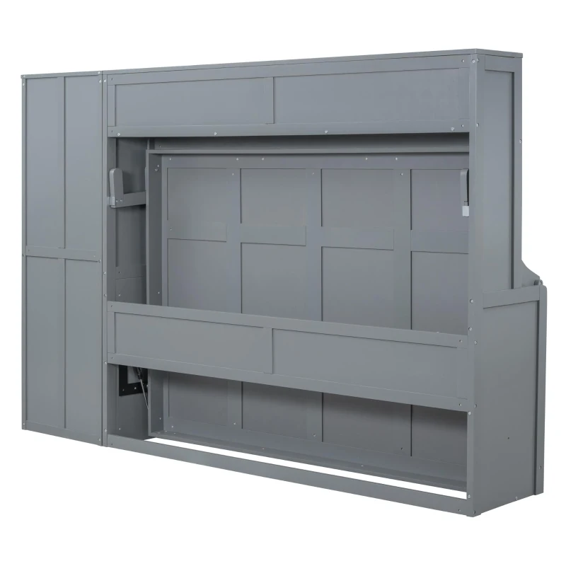Space-Saving Full Size Murphy Wall Bed with Integrated Shelf, Customizable Bed Frame with Closet and 2 Drawers, 107.5" L x 58" W x 72" H, Gray