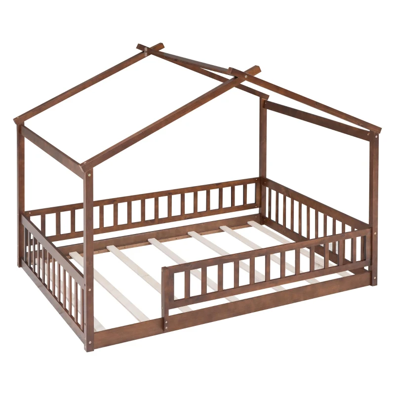Full Size Wood House Bed with Roof and Fence, Sturdy Pinewood Bed Frame for Kids and Teens, 79.5" L x 57" W x 63" H, Walnut