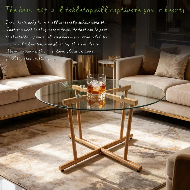 Round Tempered Glass Coffee Table with Solid Iron Legs, Modern Center Table with Stable Frame, 27.5'' L x 27.5'' W x 14.5'' H, Natural+Transparent