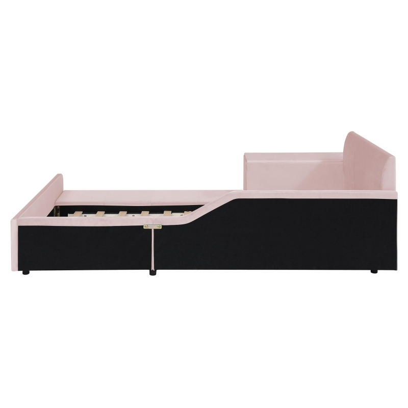 Queen-Size Upholstered Platform Bed with Bedside Desk and Stool, Cozy Bed Frame with Streamlined Structure, 84.5" L x 74" W x 28" H, Pink