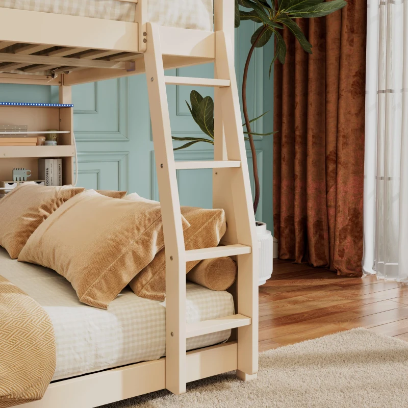 Full XL Over Queen Bunk Bed with Built-In Storage Shelf and Safety Rope, Useful Bed Frame with Pegboard Side Panel, 83.5" L x 62.5" W x 59" H, Beige