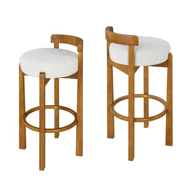 Modern Round Seat Bar Stools with Ergonomic Curved Backrest, Sherpa Padded Chairs with Integrated Footrest, 16'' L x 16.5'' W x 34'' H, Ivory+Walnut