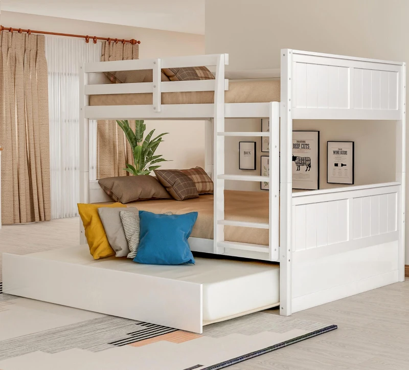 Full-Over-Full Bunk Bed with Pullout Trundle, Space-Saving Bed Frame with 2 Separate Beds, 79.5" L x 57" W x 60" H, White