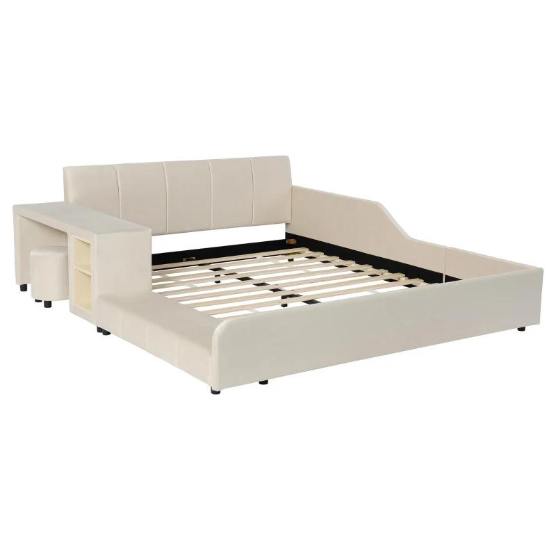 Queen-Size Upholstered Platform Bed with Bedside Desk and Stool, Cozy Bed Frame with Streamlined Structure, 84.5" L x 74" W x 28" H, Beige