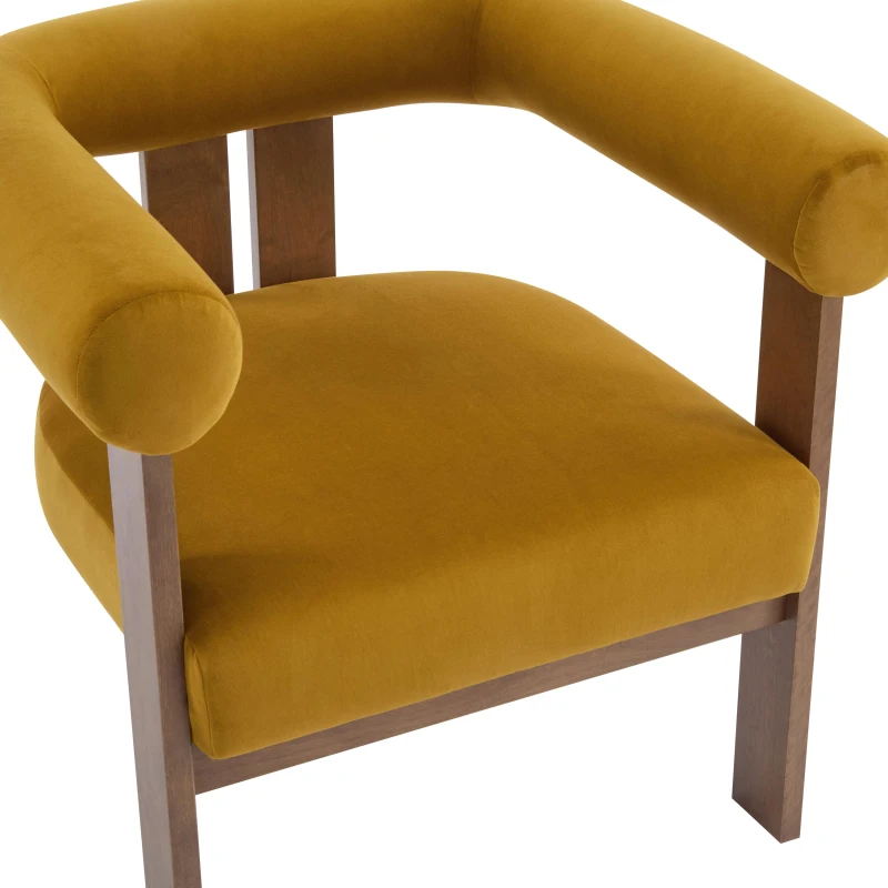 Round Arm Accent Chair with Velvet Upholstery, Curved Backrest Armchair with Solid Birch Wood Base, 31'' L x 29'' W x 30'' H, Mustard Yellow+Walnut