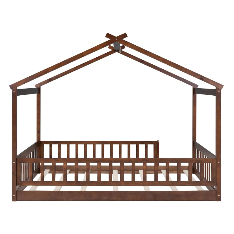 Full Size Wood House Bed with Roof and Fence, Sturdy Pinewood Bed Frame for Kids and Teens, 79.5" L x 57" W x 63" H, Walnut