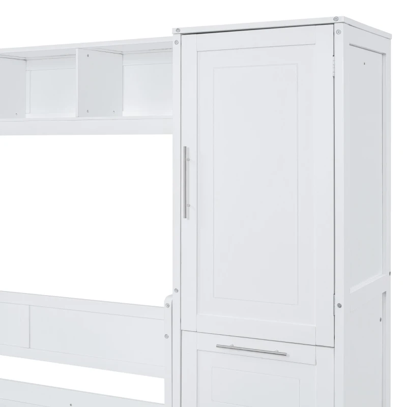 Queen Size Murphy Wall Bed with Storage Shelf, Space‑Saving Bed Frame with Integrated Closet and 2 Drawers, 112" L x 65" W x 78.5" H, White