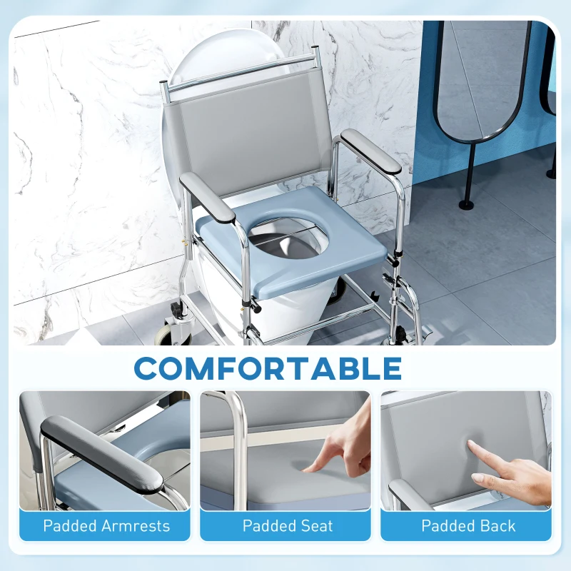 HOMCOM Rolling Shower Chair, Bedside Commode Wheelchair with Padded Seat, Backrest, for Seniors, Disabled, 300 lbs, Grey