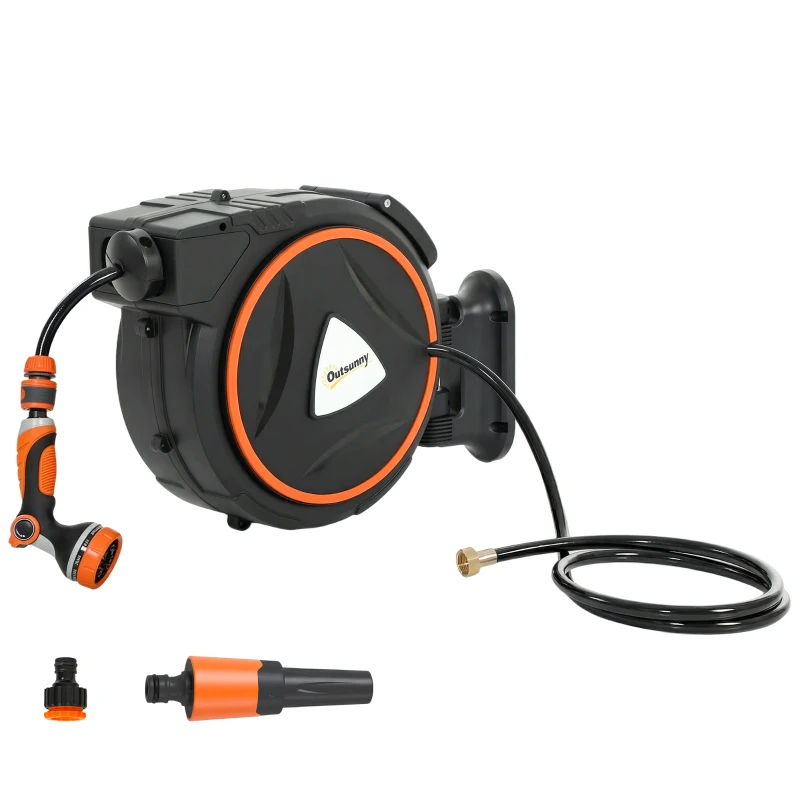 Outsunny Retractable Garden Hose Reel, 1/2" x 59ft Wall Mounted Hose Reel with 12-Pattern Nozzles, Auto Retraction, Self-Locking