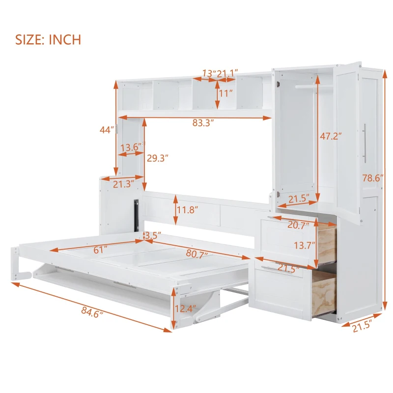 Queen Size Murphy Wall Bed with Storage Shelf, Space‑Saving Bed Frame with Integrated Closet and 2 Drawers, 112" L x 65" W x 78.5" H, White