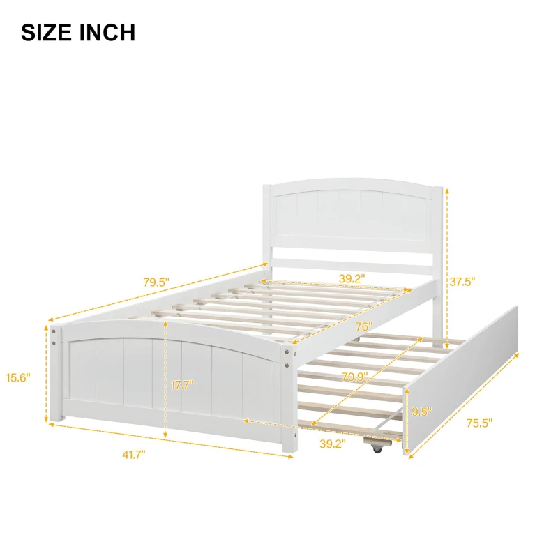 Space-Savimg Twin Size Wood Platform Bed with Roll-Out Trundle, Solid Bed Frame with 10 Supporting Slats, 79.5" L x 41.5" W x 37.5" H, White
