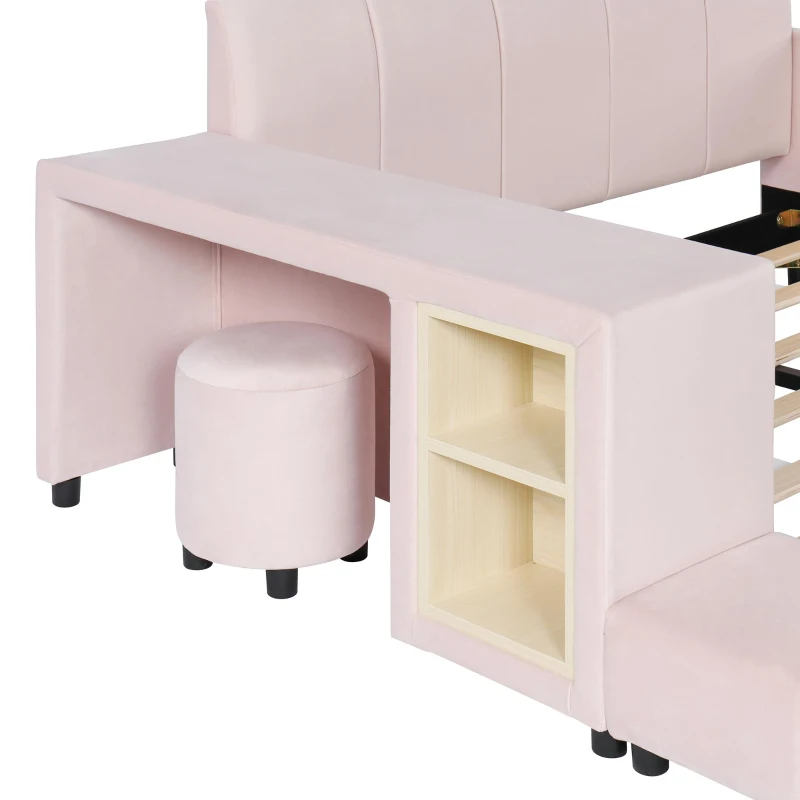 Full Size Upholstered Platform Bed with Bedside Desk and Stool, Cozy Bed Frame with Streamlined Structure, 79.5" L x 68" W x 28" H, Pink
