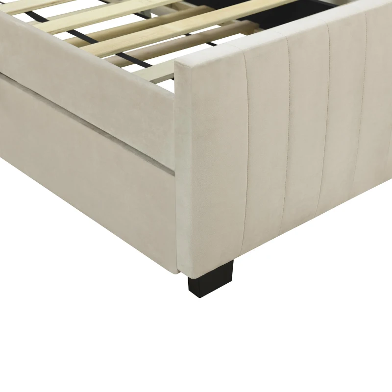 Space-Saving Twin Size Upholstered Platform Bed with Trundle Under Bed, Bed Frame with Velvet Fabric, 80" L x 41.5" W x 42.5" H, Beige