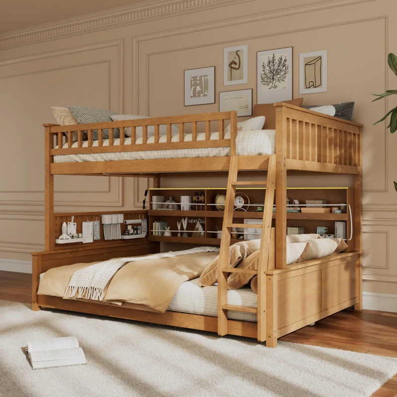 Full XL Over Queen Bunk Bed with Bulit-In Storage Shelf and Safety Rope, Useful Bed Frame with Pegboard Side Panel, 83.5" L x 62.5" W x 59" H, Brown