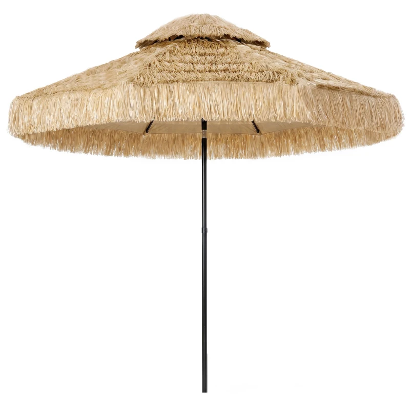 Outsunny 8.5 FT Hula Thatched Tiki Patio Umbrella, 2-Tier Tropical Hawaiian Style Outdoor Umbrella with 8 Ribs, UPF30+, Khaki