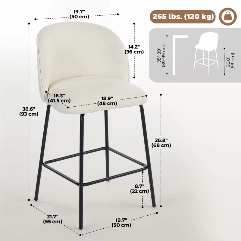 HOMCOM Set of 2 Counter Height Barstools, Upholstered Linen Bar Stools with Backrest, Footrest and Steel Legs, Cream White