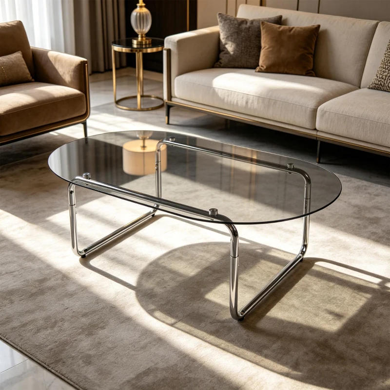 Curved Tempered Glass Coffee Table with Fingerprint-Resistant Top, Minimalist Center Table with U-Shaped Metal Legs, 35.5'' L x 23.5'' W x 15'' H, Grey