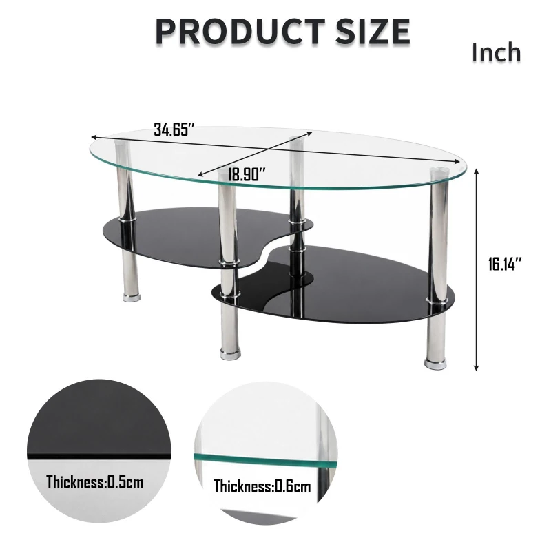 Oval Tempered Glass Coffee Table with Stainless Steel Legs, Modern Centre Table with Rounded Edges, 34.5'' L x 19'' W x 16'' H, Black+Transparent