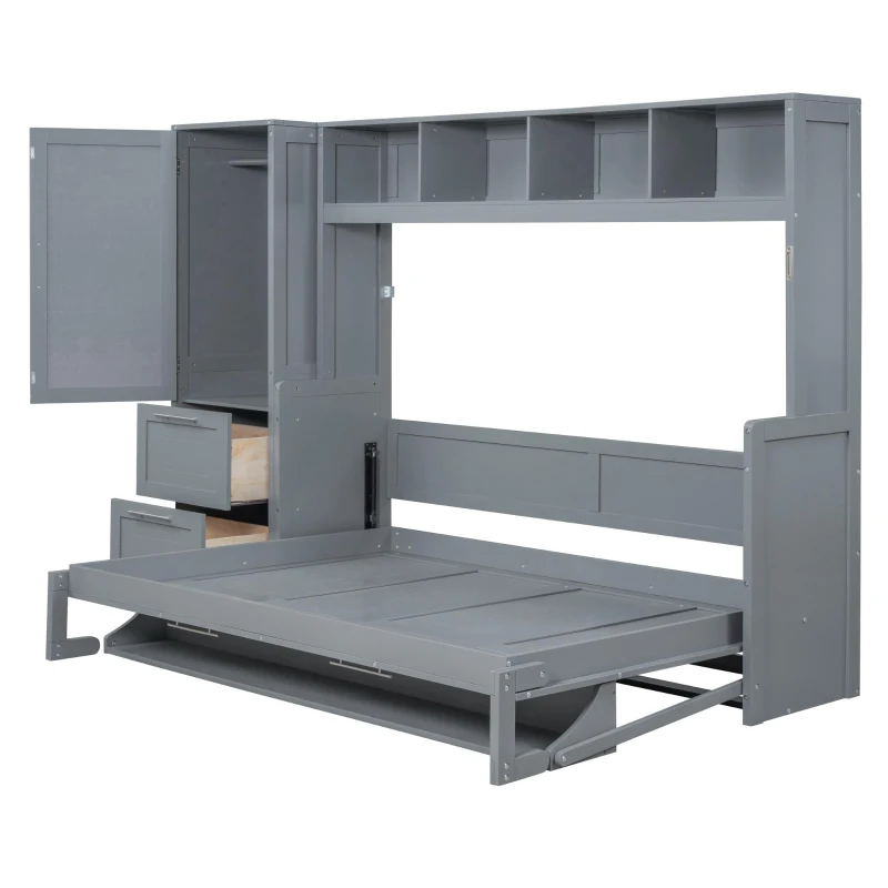 Queen Size Murphy Wall Bed with Storage Shelf, Space‑Saving Bed Frame with Integrated Closet and 2 Drawers, 112" L x 65" W x 78.5" H, Gray
