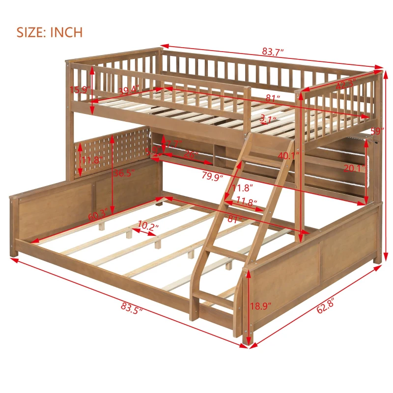 Twin XL Over Queen Bunk Bed with Built-In Storage Shelf and Safety Rope, Useful Bed Frame with Pegboard Side Panel, 83.5" L x 62.5" W x 59" H, Brown