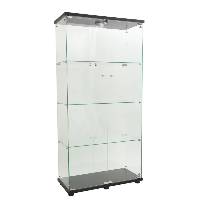 Solid Glass Floor-Standing Showcase with Built-In LED Lighting, LED Glass Display Cabinet with Lockable Doors, 31.5'' L x 14.5'' W x 64.5'' H, Black