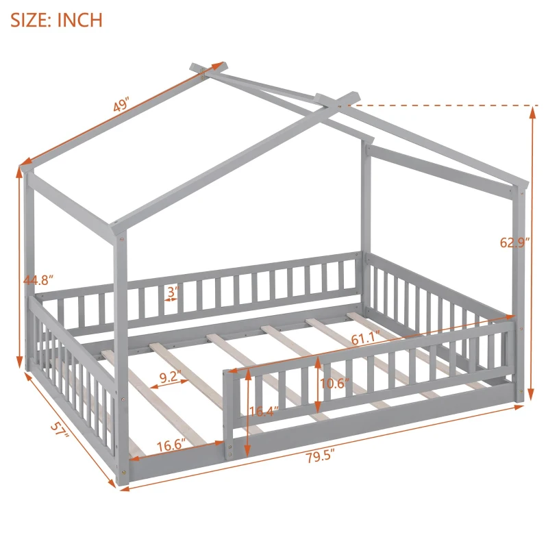 Full Size Wood House Bed with Roof and Fence, Sturdy Pinewood Bed Frame for Kids and Teens, 79.5" L x 57" W x 63" H, Gray