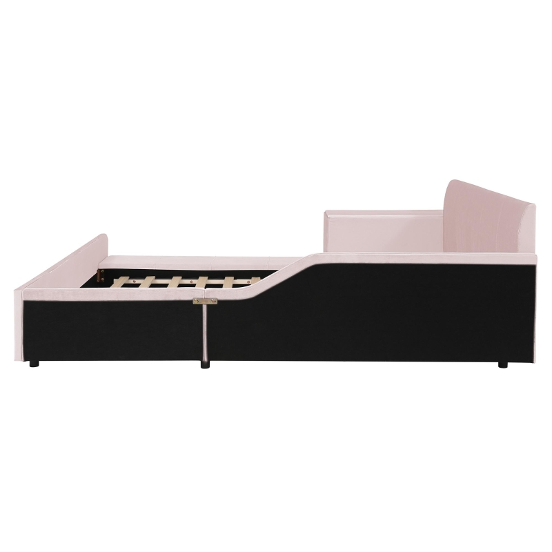 Full Size Upholstered Platform Bed with Bedside Desk and Stool, Cozy Bed Frame with Streamlined Structure, 79.5" L x 68" W x 28" H, Pink