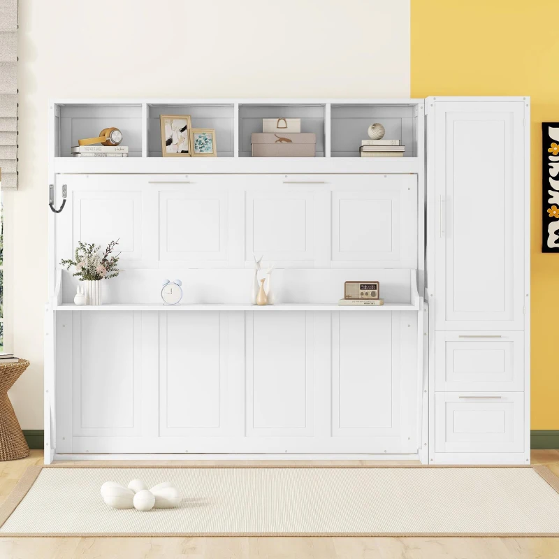Queen Size Murphy Wall Bed with Storage Shelf, Space‑Saving Bed Frame with Integrated Closet and 2 Drawers, 112" L x 65" W x 78.5" H, White