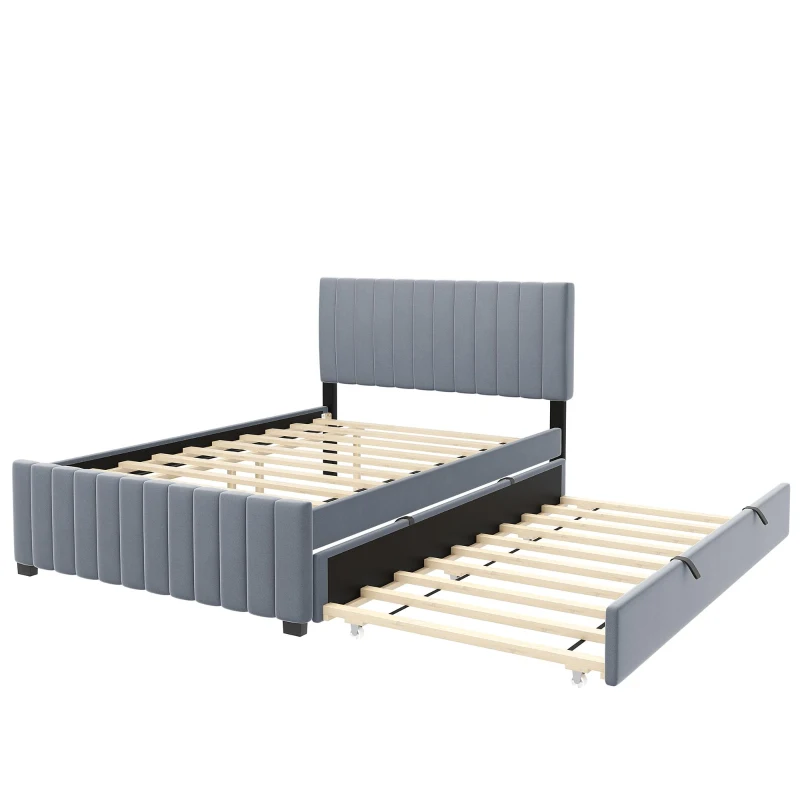 Space-Saving Full Size Upholstered Platform Bed with Twin-Size Trundle, Solid Bed Frame with 10 Reinforced Slats, 80" L x 58" W x 46" H, Gray