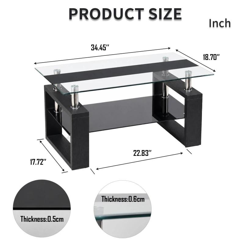 Modern Glass Coffee Table with Wood-Grain MDF Legs, Minimalist Center Table with 2-Tier Storage, 34.5'' L x 18.5'' W x 17.5'' H, Black