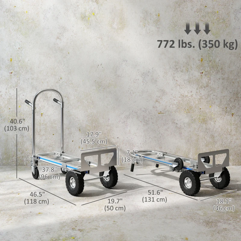 Soozier 4-Wheel/2-Wheel Cargo Cart, 2-in-1 Folding Hand Truck with Aluminum Alloy Frame and Steel Handle, Capacity, Silver Tone