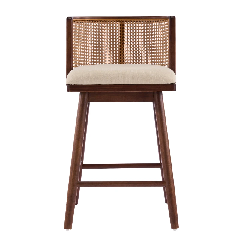 Woven Rattan Counter Chairs with Padded Upholstered Seat, Counter Height Bar Stools with Durable Frame, 19.5'' L x 21'' W x 35'' H, Beige+Walnut